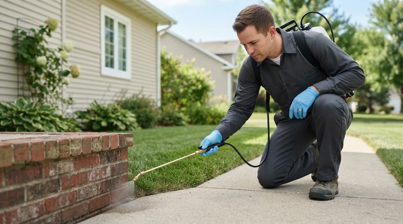 Pest control technician treating a home near Cheektowaga, NY